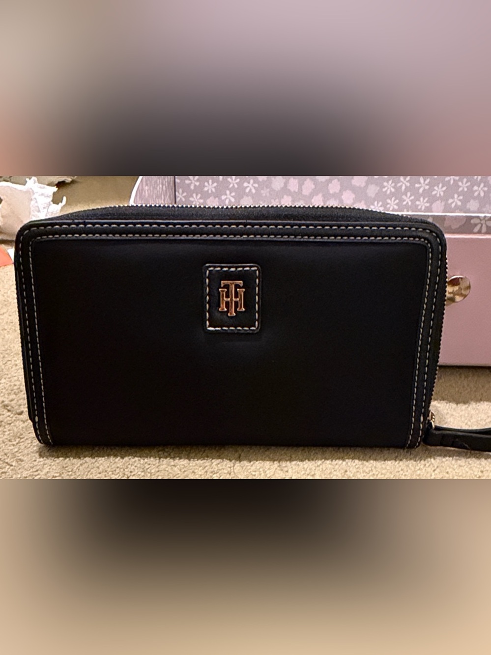 Tommy Hilfiger Black Leather Zip Toiletry Pouch with Gold TH Emblem
